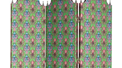 The collection offers a handful of folding screens with decorative patterns usually seen on Gucci runways, such as a garden print, pineapple print, and patterns featuring octopuses or leaves. Courtesy Gucci