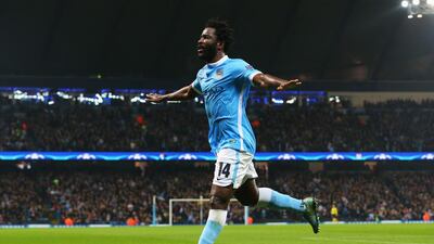Manchester City’s Wilfried Bony celebrates his team’s opening goal on Wednesday night against Sevilla in the Champions League. Alex Livesey / Getty Images