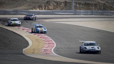 Zaid Ashkanani came in the front at Manama, Bahrain, followed in by Clemens Schmid and the rest of the pack in the penultimate race of the Porsche GT3 Cup Challenge Middle East. Courtesy Jorge Ferrari / March 7, 2014