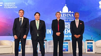 From left, US Secretary of State Antony Blinken, Japan’s Foreign Minister Yoshimasa Hayashi, Australian Foreign Minister Penny Wong and Indian Foreign Minister Subrahmanyam Jaishankar pose for a photograph in New Delhi. AFP