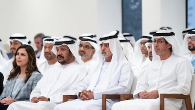 Right to left: Sheikh Rashid bin Hamdan bin Mohamed, Sheikh Nahyan bin Mubarak, UAE Minister of State for Tolerance and Sheikh Saeed bin Mohamed, watch on as Nina Tandon gives her presentation. Rashed Al Mansoori / Ministry of Presidential Affairs