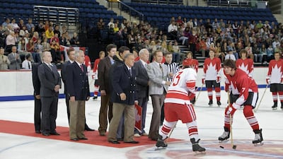 A movie still from the Russian film "Legenda No 17", about hockey player Valeri Kharlamov during 1972 Canada-Soviet Union Summit Series,. The Canadian players depicted are Phil Esposito (No 7) and Bobby Clarke (light hair). TriTe Studio