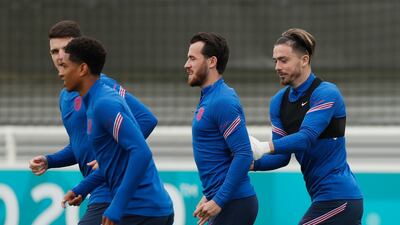 England's Declan Rice (partly hidden), Jude Bellingham, Ben Chilwell and Jack Grealish.