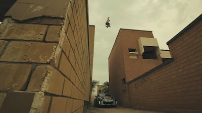 Parkour athlete Mohammed Al Attar and rally driver Abdo Feghali compete in a duel race on Failaka Island in Kuwait.