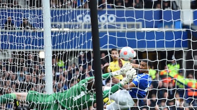 Everton goalkeeper Jordan Pickford makes a stunning save to deny Cesar Azpilicueta a certain goal for Chelsea. EPA