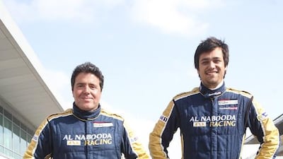 Al Nabooda teammates Karim Al Azhari, left, and Clemens Schmid will be in action at the Dubai Autodrome this weekend. Lee Hoagland / The National