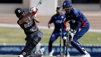 C P Rizwan of UAE was clean bowled by Hayden Walsh of USA during the T20 match at the ICC Academy in Dubai. All photos by Satish Kumar for The National