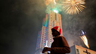 Fireworks explode over the UAP Old Mutual Tower during New Year's Eve celebrations in Nairobi, Kenya. Reuters