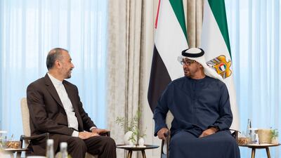 President Sheikh Mohamed and Iranian Foreign Minister Hossein Amirabdollahian discuss bilateral relations during talks at Al Shati Palace.