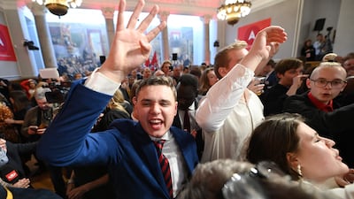 Supporters of the Social Democratic Party cheer exit polls in Copenhagen. AFP