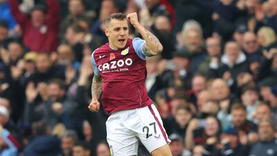 Lucas Digne of Aston Villa celebrates after scoring their second goal. Getty