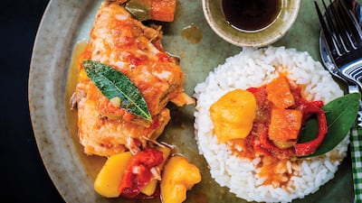 Spaghetti Sauce Chicken Afritada Reprinted, from The New Filipino Kitchen edited by Jacqueline Chio-Lauri (Agate Surrey)