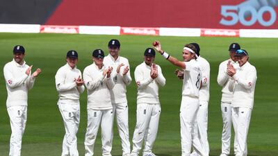 Stuart Broad of England celebrates after taking the wicket of Kraigg Brathwaite of West Indies for his 500th Test wicket during Day Five of the the Third Test at Old Trafford in Manchester on Tuesday. Getty