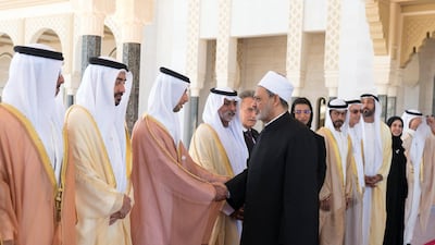 Sheikh Khaled bin Zayed bids farewell to Dr Ahmed Al Tayeb. Rashed Al Mansoori / Ministry of Presidential Affairs