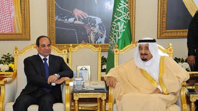 Egyptian president Abdel Fattah El Sisi, left, meets new Saudi King Salman bin Abdulaziz, right, in Riyadh on March 1, 2015. Handout from the office of the Egyptian president/EPA