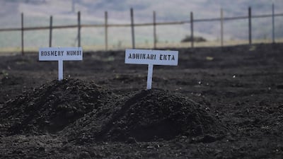 Signs with the names of victims of Ethiopian Airlines Flight ET302 crash are seen during a memorial service at the crash site near Bishoftu, Ethiopia. Reuters