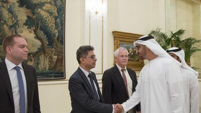 Sheikh Mohammed bin Zayed, Crown Prince of Abu Dhabi Deputy Supreme Commander of the Armed Forces, receives employees from Miral, during a sea Palace barza. Mohamed Al Hammadi / Crown Prince Court - Abu Dhabi