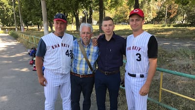 Bob Herring, second left, with friends in Kharkiv who have taken up baseball through the Sister Cities International partnership.
