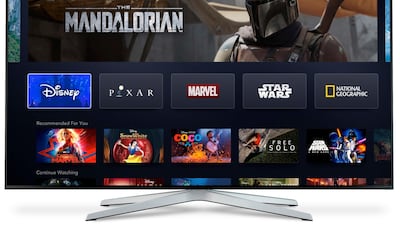 A product image of Disney+ on a monitor. The firm has a blockbuster lineup of films coming out this year. AP