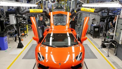 A Lamborghini Aventador on the production line at the company’s factory in Sant’Agata Bolognese. Courtesy Lamborghini