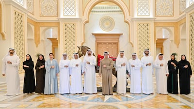 Sheikh Mansour bin Zayed, new UAE Vice President and chairman of the Ministerial Council for Development, along with council members, receive their official Cop28 wristbands. Wam