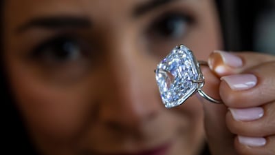 A diamond ring set with a 40.08 carat square emerald-cut D colour flawless IIa diamond. It is estimated to sell for between $3.7 million - $4.5 million US Dollars. AP Photo