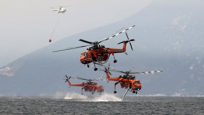 Firefighting helicopters fill their water tanks near the village of Pefki, on the island of Evia, Greece.