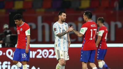 Argentina's Lionel Messi shakes hands with Chile's Gary Medel after the match. Reuters