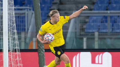 Borussia Dortmund's Erling Braut Haaland celebrates after pulling a goal back for the Germans. EPA