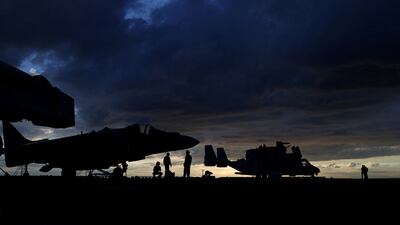 A US Marine Corps Harrier fighter jet is parked on board the assault ship USS Kearsarge, during the Baltops 22 exercise in the Baltic Sea. Reuters
