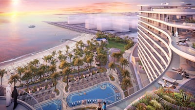 A rendering of the Waldorf Astoria Lusail, Doha, showing the hotel's palm-tree-lined private beach, swimming pools and tiered balconies. Photo: Hilton