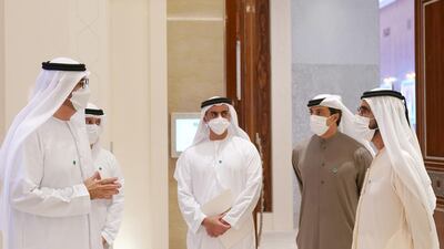 Sheikh Mohammed bin Rashid, Vice President and Ruler of Dubai, Sheikh Saif bin Zayed, Deputy Prime Minister and Minister of Interior, Sheikh Mansour bin Zayed, Deputy Prime Minister and Minister of Presidential Affairs, Ahmad Belhoul Al Falasi, Minister of State for Entrepreneurship and SMEs, with Dr Sultan Al Jaber, Minister of Industry and Advanced Technology and EDB's chairman, at the launch of EDB Strategy.