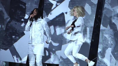 Skip Marley and Katy Perry perform Chained to the Rhythm. Lucy Nicholson / Reuters