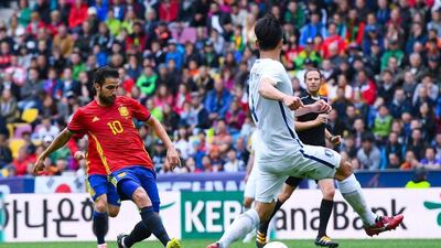 Cesc Fabregas of Spain scores his team’s second goal during an international friendly match between Spain and Korea at the Red Bull Arena stadium on June 1, 2016 in Salzburg, Austria. (David Ramos/Getty Images)