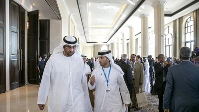 Sultan Ahmed Al Jaber, left, the chairman of Masdar, attends the opening ceremonies of the fifth session of the International Renewable Energy Agency assembly. Silvia Razgova / The National