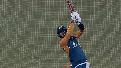 Pakistan's captain Babar Azam bats during a practice session at the Gaddafi Cricket Stadium. AFP
