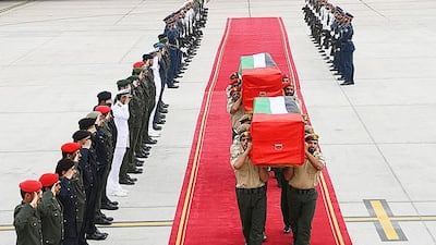 The bodies of Sergeant Nader Mubarak Eisa Soliman and Lance Corporal Soliman Mohammed Soliman Al Dhohouri, who died while serving in Yemen, arrive at Al Bateen airport in Abu Dhabi. Wam