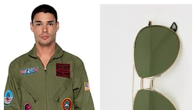 Dress as Maverick from ‘Top Gun: Maverick’: flight suit, Dh568.03, www.amazon.ae; aviator sunglasses, Dh29, www.splashfashions.com, leather bomber jacket, Dh510, www.ubuy.ae. Photo: Amazon, Splash Fashions, Ubuy