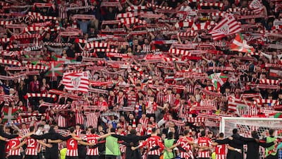 Athletic Club players and supporters celebrate after winning their UEFA Europa League round of 16 tie against AS Roma in Bilbao, Spain. EPA