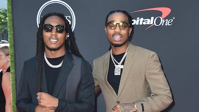 Takeoff, left, and Quavo, of Migos, arrive at the Espy Awards on Wednesday, July 10, 2019, at the Microsoft Theatre in Los Angeles. AP