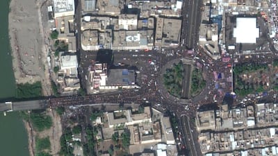 An aerial view shows protests at Tahrir Square in Baghdad, Iraq. REUTERS