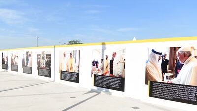 Photos of Pope Francis and rulers of Bahrain at Cathedral of our Lady of Arabia. Khushnum Bhandari / The National