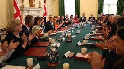 epa11461704 Britain's Prime Minister Keir Starmer (C) chairs his first meeting of the Cabinet in Downing Street, London, Britain, 06 July 2024. Starmer became the country's new prime minister on 05 July, after his party won a landslide victory in the general election. EPA/ANDY RAIN / POOL