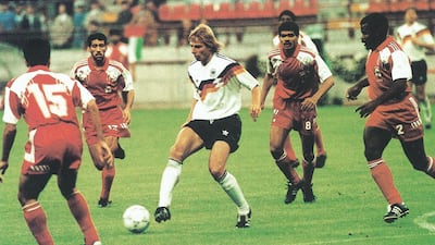 UAE defenders surround West Germany striker Jurgen Klinsmann. Photo courtesy Al Ittihad