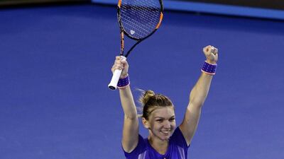 Simona Halep celebrates after beating Yanina Wickmayer in the fourth round of the Australian Open on Sunday in Melbourne. Barbara Walton / EPA / January 25, 2015