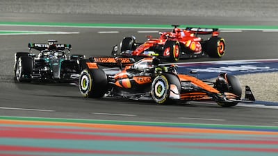 Red Bull's Max Verstappen leads Lando Norris of McLaren and George Russell of Mercedes during the Qatar Grand Prix at Lusail International Circuit. Getty Images