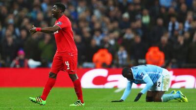 Kolo Toure of Liverpool reacts after a challenge on his brother Yaya Toure of Manchester City during the Capital One Cup Final match between Liverpool and Manchester City at Wembley Stadium on February 28, 2016 in London, England. (Photo by Clive Brunskill/Getty Images)
