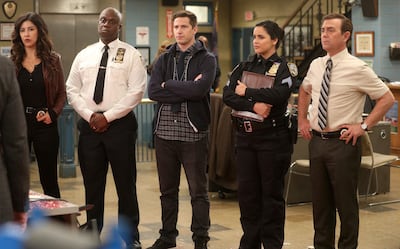 The cast of the comedy series Brooklyn Nine-Nine, from left: Stephanie Beatriz, Andre Braugher, Andy Samberg, Melissa Fumero and Joe Lo Truglio. Photo: NBC Comedy