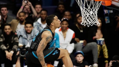 Charlotte Hornets Miles Bridges heads to the hoop during the NBA All-Star Slam Dunk contest, Saturday, Feb. 16, 2019, in Charlotte, N.C. AP Photo