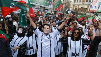 Supporters of imprisoned former Pakistani prime minister Imran Khan during a rally demanding his release, in Hyderabad, Pakistan. EPA